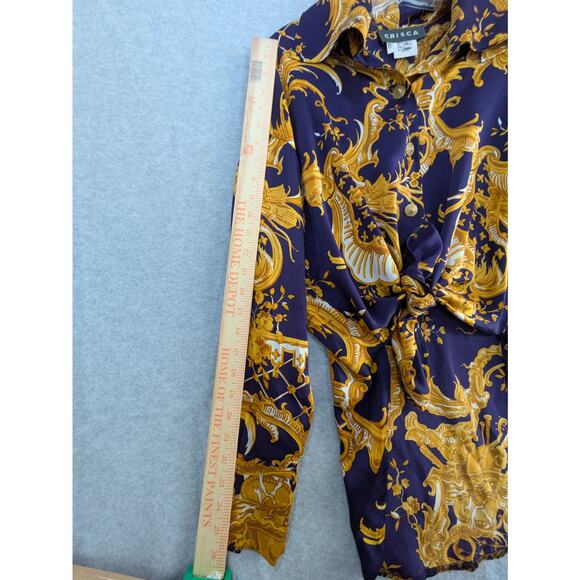 Crisca Tunic Blouse Women 34 Baroque Print 100% Silk Long Sleeve Flowy Navy Gold - Picture 6 of 16